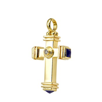 Χρυσός Σταυρός 18 Καρατίων με Μπριγιάν και μπλε Ζαφείρια