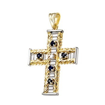 Χρυσός Σταυρός 14 καράτια με μπλε ζαφείρια