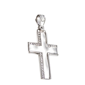 Γυναικείος βαπτιστικός σταυρός από λευκόχρυσο 14Κ και ζιργκόν