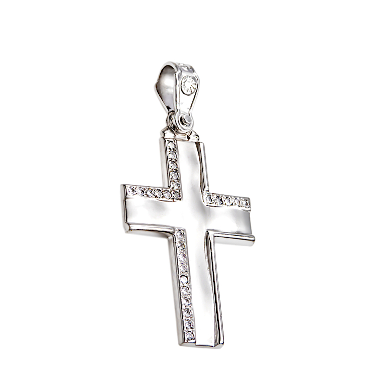 Γυναικείος βαπτιστικός σταυρός από λευκόχρυσο 14Κ και ζιργκόν