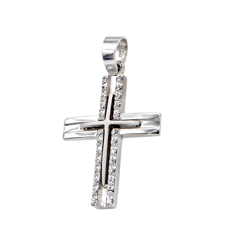 Γυναικείος λευκόχρυσος Σταυρός 14 Καρατίων με ζιργκόν