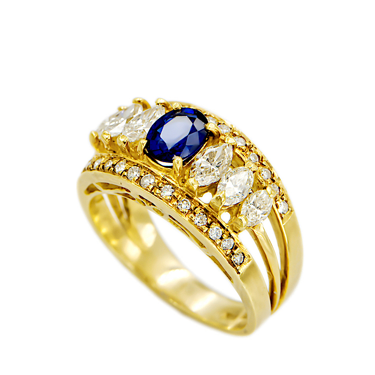 Δαχτυλίδι από χρυσό 18 καρατίων με Μπριγιάν ναβέτες και μπλε Ζαφείρι Βιρμανίας