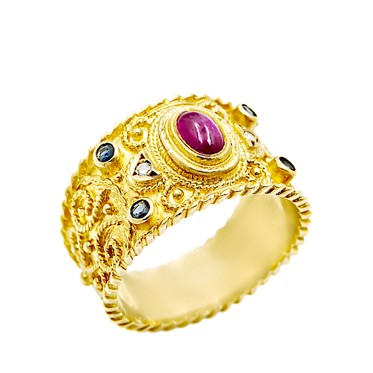 Βυζαντινό δαχτυλίδι από χρυσό 18 Καρατίων με Ρουμπίνι,Μπριγιάν και μπλε Ζαφείρια.