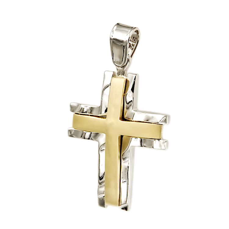 Μασίφ Σταυρός από λευκό και κίτρινο Χρυσό 14 Καρατίων