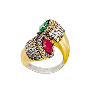 Αντικέ Δαχτυλίδι από Ασήμι 925°με Ρουμπίνια και Σμαράγδια συνθετικά