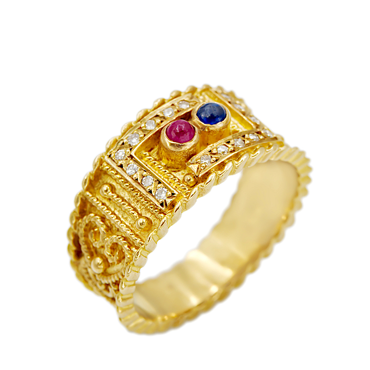  Δαχτυλίδι Βυζαντινό 18 Καρατίων με Ρουμπίνι,Μπριγιάν και μπλε Ζαφείρι.      