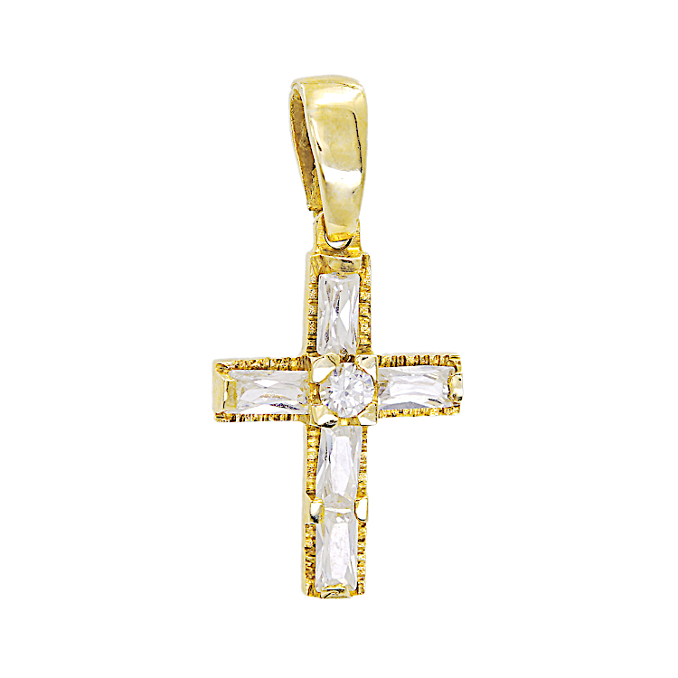  Γυναικείος Σταυρός από χρυσό 14 Καρατίων με ζιργκόν μπαγκέτες 