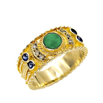18 Καρατίων Βυζαντινό δαχτυλίδι με Σμαράγδι καμπουσόν, Μπριγιάν και μπλε Ζαφείρι.