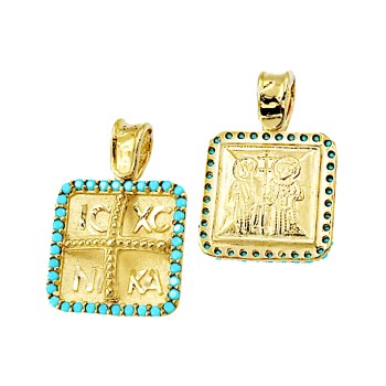 Γυναικείο μενταγιόν Κωνσταντινάτο από χρυσό 9 καράτια με πέτρες Τυρκουάζ