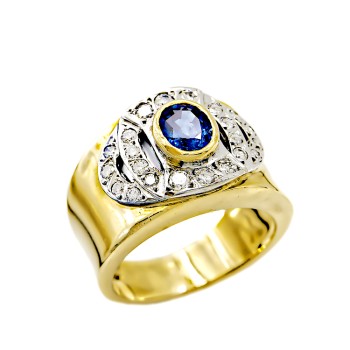 Δαχτυλίδι από κίτρινο και λευκό χρυσό 18 καρατίων με Διαμάντια και μπλε Ζαφείρι Κευλάνης
