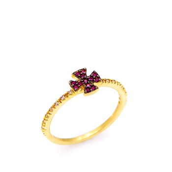 Δαχτυλίδι με σταυρό από κίτρινο χρυσό 14Κ με κόκκινα καί λευκά ζιργκόν cubic