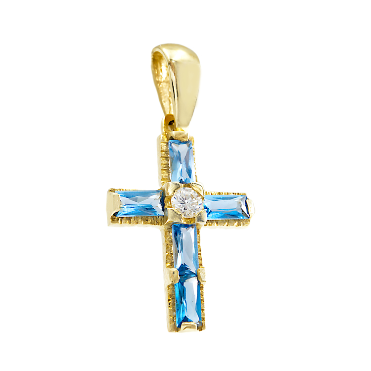  Γυναικείος Σταυρός από χρυσό 14 Καρατίων με μπλε ζιργκόν μπαγκέτες 