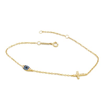 Βραχιόλι δύο όψεων με μάτι και σταυρό από χρυσό 14 καρατίων