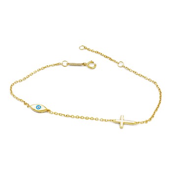 Βραχιόλι δύο όψεων με μάτι και σταυρό από χρυσό 14 καρατίων