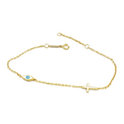 Βραχιόλι δύο όψεων με μάτι και σταυρό από χρυσό 14 καρατίων