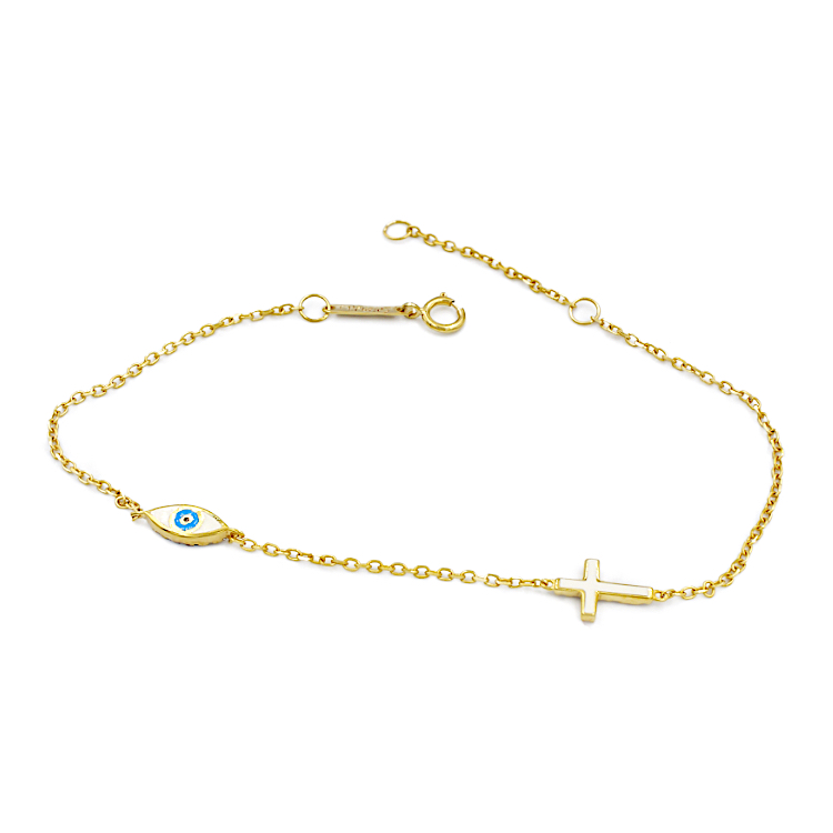 Βραχιόλι δύο όψεων με μάτι και σταυρό από χρυσό 14 καρατίων