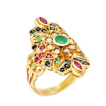 Βυζαντινό δαχτυλίδι από χρυσό 18 Καρατίων με Ρουμπίνια, Μπριγιάν  μπλε Ζαφείρια και Σμαράγδια