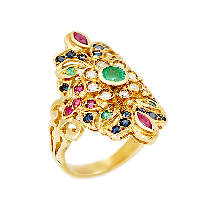 Βυζαντινό δαχτυλίδι από χρυσό 18 Καρατίων με Ρουμπίνια, Μπριγιάν  μπλε Ζαφείρια και Σμαράγδια