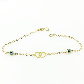 Βραχιόλι από χρυσό 14Κ με ματάκια και καρδιές