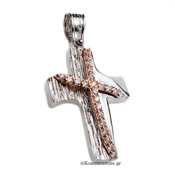 Γυναικείος βαπτιστικός σταυρός από λευκό και ροζ χρυσό 14 καρατίων με ζιργκόν