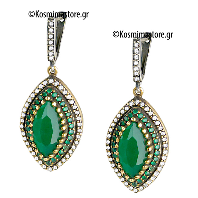 Ασημένια αντικέ Σκουλαρίκια με Σμαράγδια καί ζιργκόν 