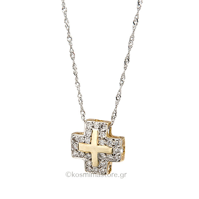 Δίχρωμος Σταυρός από Χρυσό 18 Καράτια με Μπριγιάν